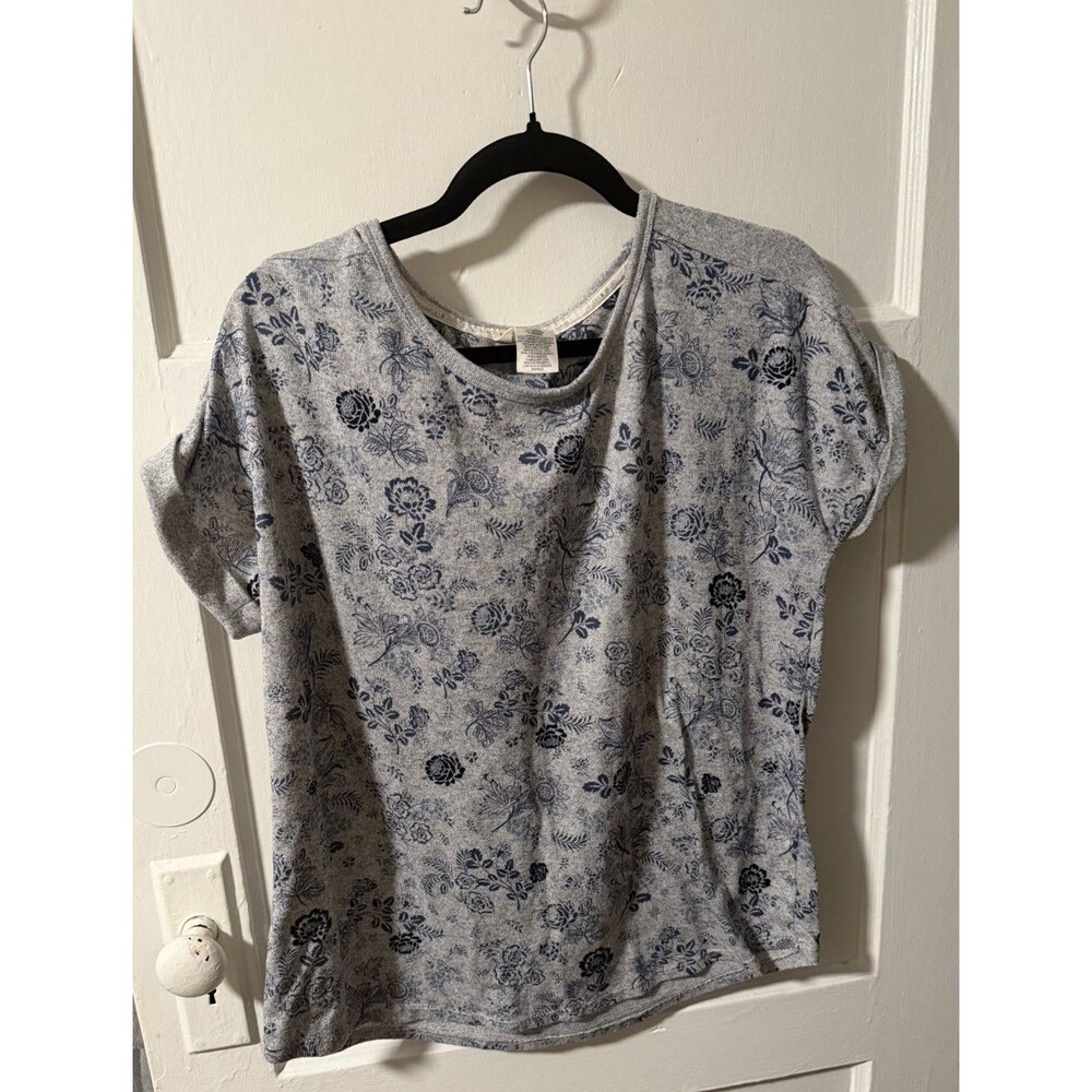 Lucky Brand Grey Soft Knit Blue Floral Rolled Short Sleeve Stretch Size XL